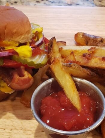 bacon cheese burger and french fries