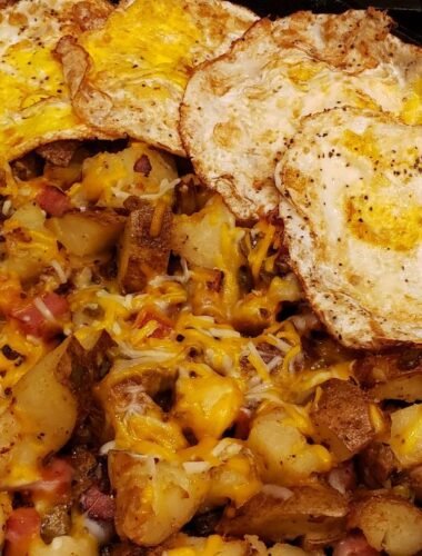 ham hash with cheese and fried eggs