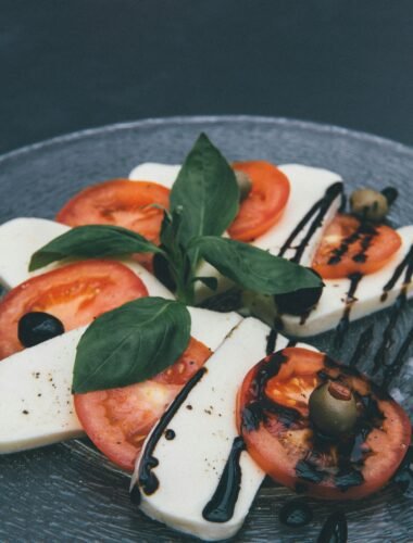 closeup photo of tofu and tomato slices